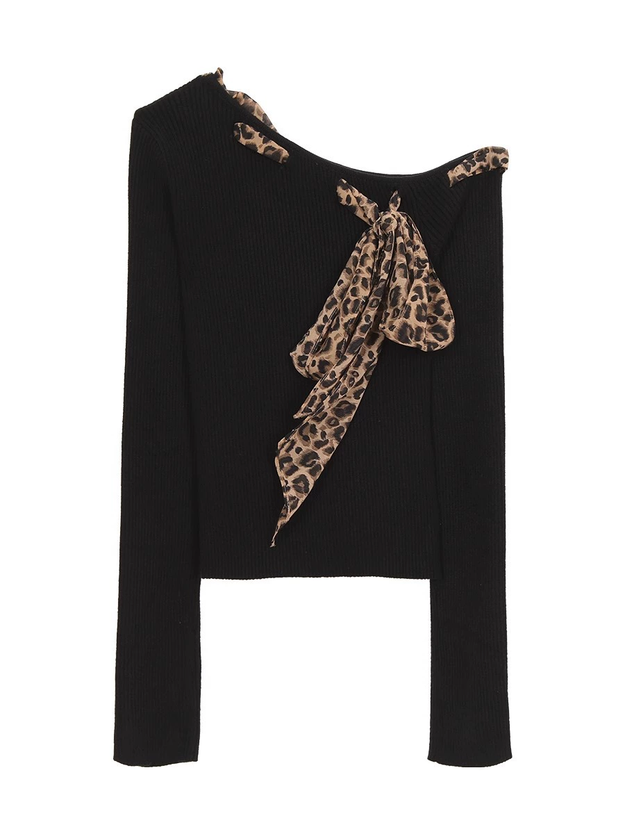 เสื้อแขนยาว ไหมพรม แต่งผ้าลายเสือ ผ้านิ่มยืด รหัส CN2087