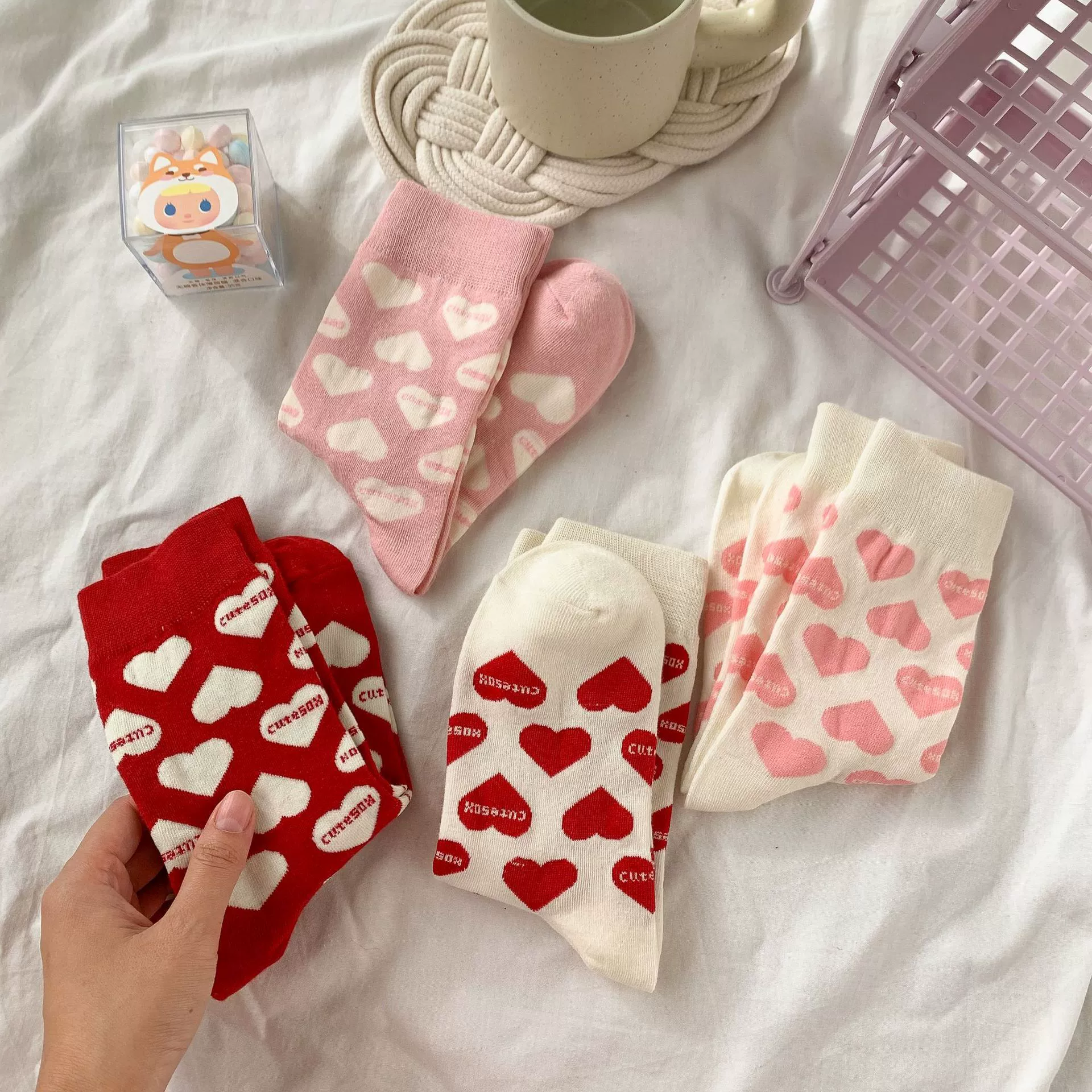 ถุงเท้าสไตล์เกาหลี ลายหัวใจ ผ้านิ่ม