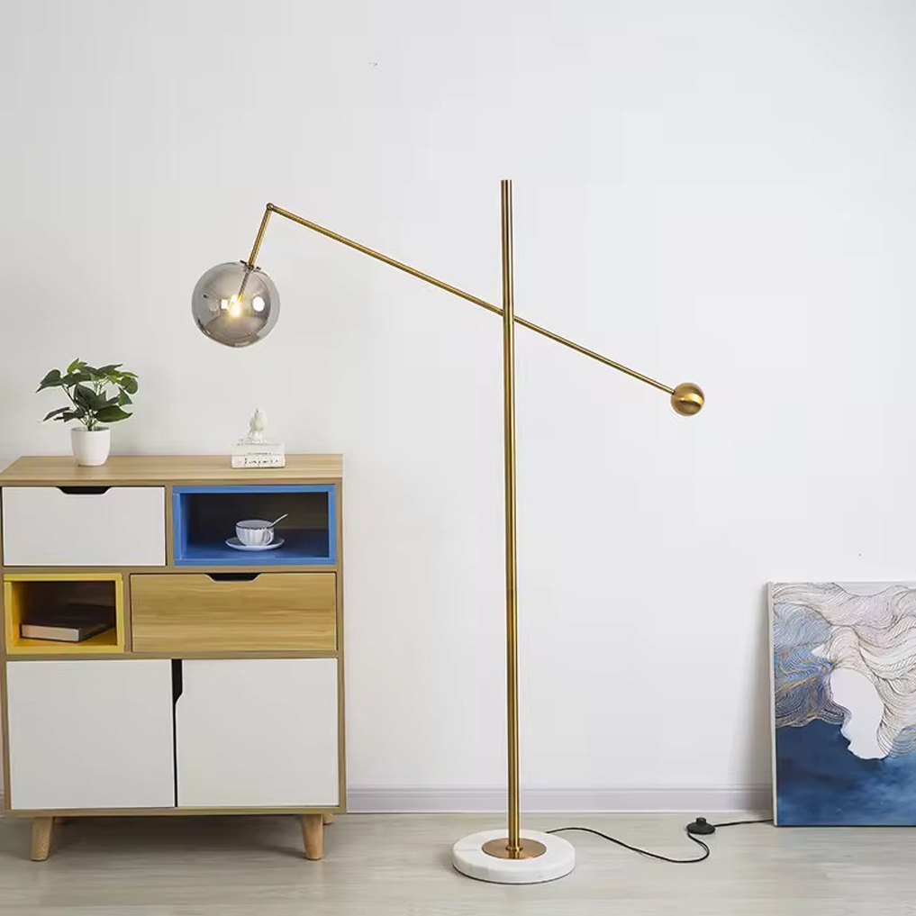 โคมไฟตั้งพื้น Floor lamp Marble + Iron+ Glass สไตล์ Balance Arm ทรงโมเดิร์น ฐานหินอ่อน หัวโคมแก้วกลม