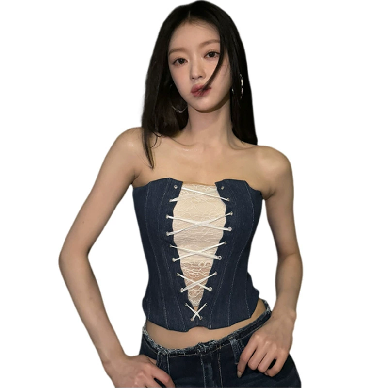 เสื้อเกาะอก ครอปสียีนส์ ถักหน้า รหัส CN57388