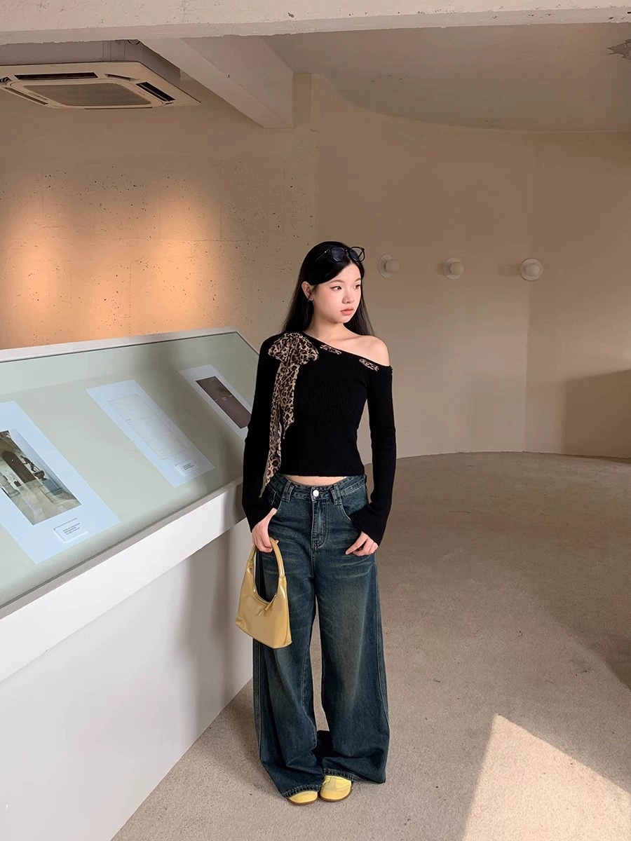 เสื้อแขนยาว ไหมพรม แต่งผ้าลายเสือ ผ้านิ่มยืด รหัส CN2087