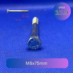 (6 ตัว) สกรูหัวเหลี่ยมมิลขาว M8x75mm เกลียว 1.25 TL20mm เกรด 10.9 ชุบซิงค์