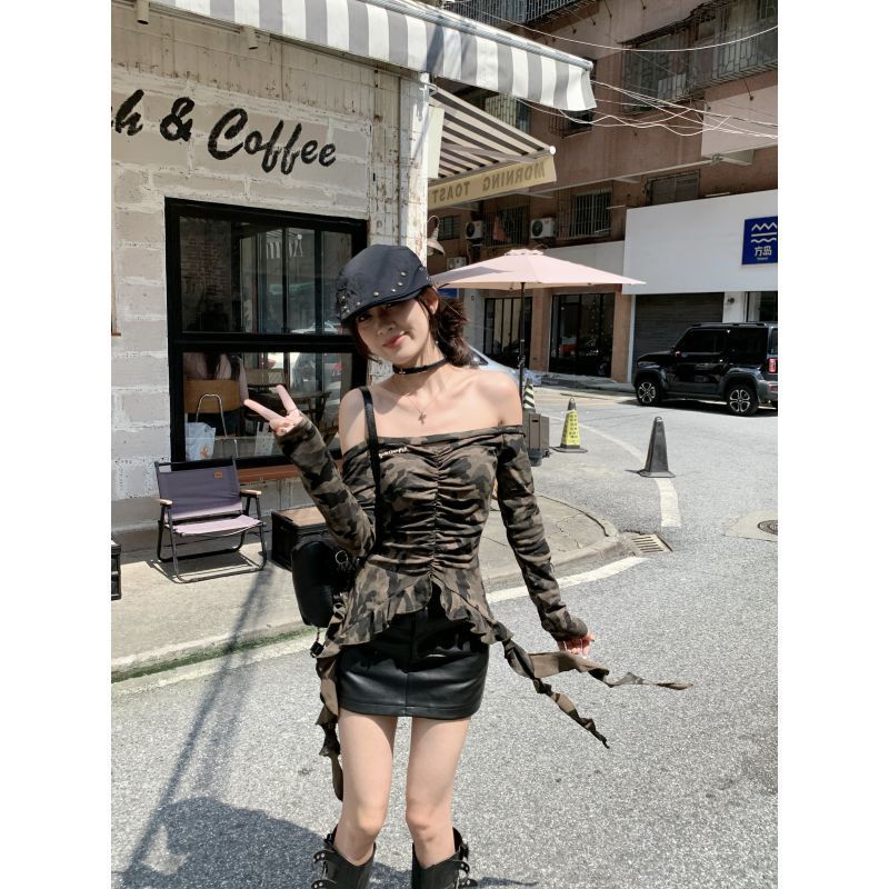 เสื้อปาดไหล่ ทหาร แขนยาว พร้อมส่งในไทย CN1161