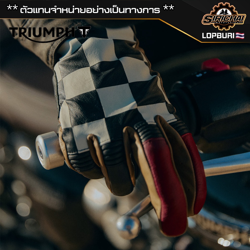 ถุงมือมอเตอร์ไซค์ ถุงมือ Triumph Checkerboard Leather Gloves Black Red Bone Gold