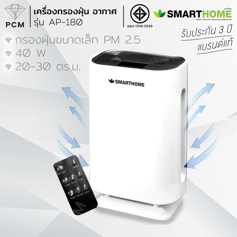 SMARTHOME (PCM) เครื่องกรองอากาศ ฝุ่นล่ะออง PM 2.5 /แบคทีเรีย /ไรฝุ่น รุ่น AP-180