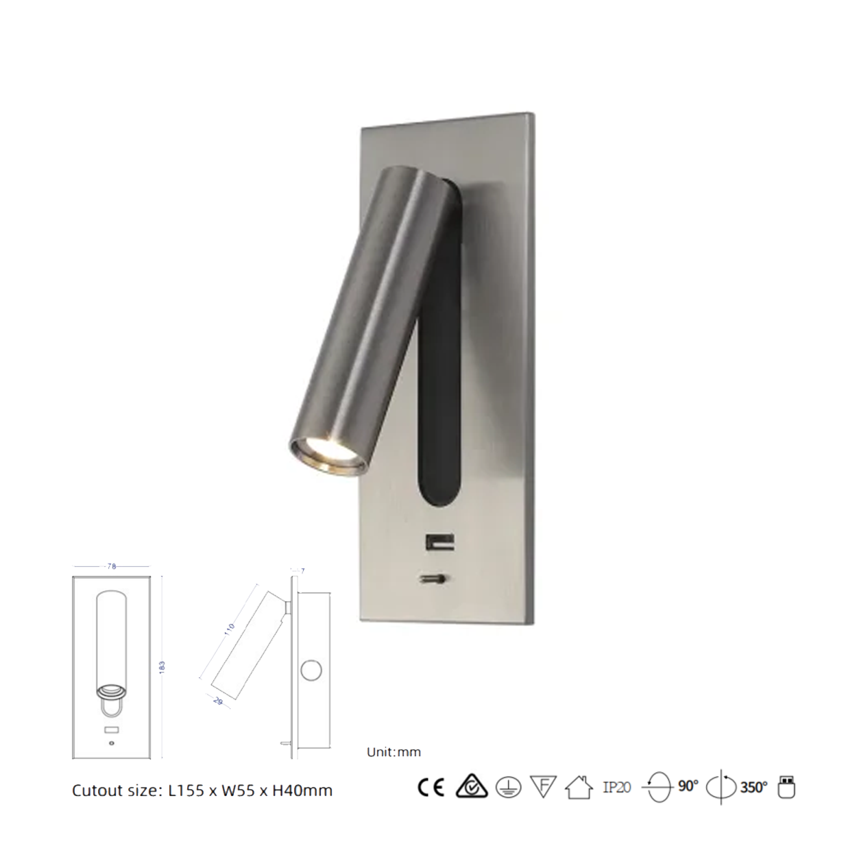 โคมไฟอ่านหนังสือติดผนัง Wall Reading Lamp Metal + Aluminium LED Cree 3W IP20 (KP035)