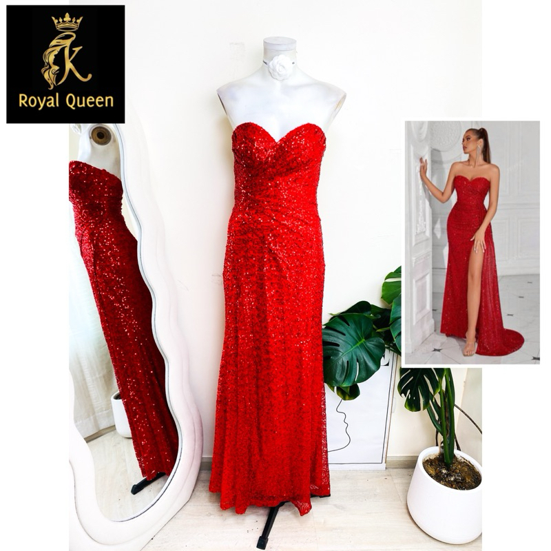 ไซด์ S-M แบรนด์ RoyalQu แท้ 100%🌸Maxidress เดรสยาว เกาะอก ผ่าหน้า งานเกล็ดวิบวับ สีแดง ใส่ออกงาน เดรสออกงาน ชุดปาร์ตี้