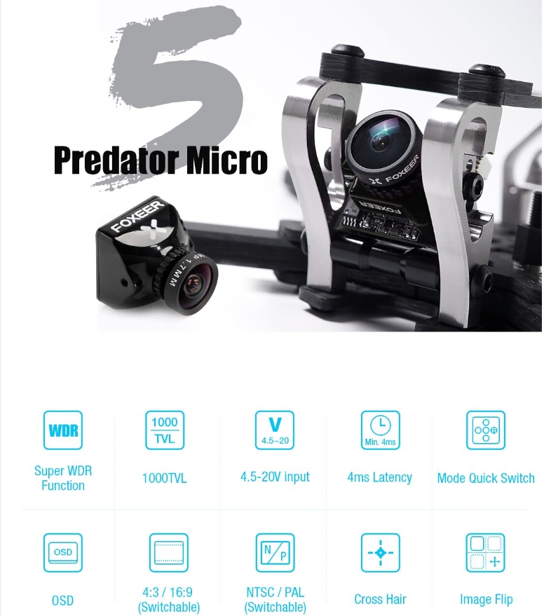 Foxeer Predator 5 Racing Mini Micro Nano กล้อง FPV Camera 1000tvl 4ms Latency Super WDR FPV Camera OSD กล้องติดโดรน