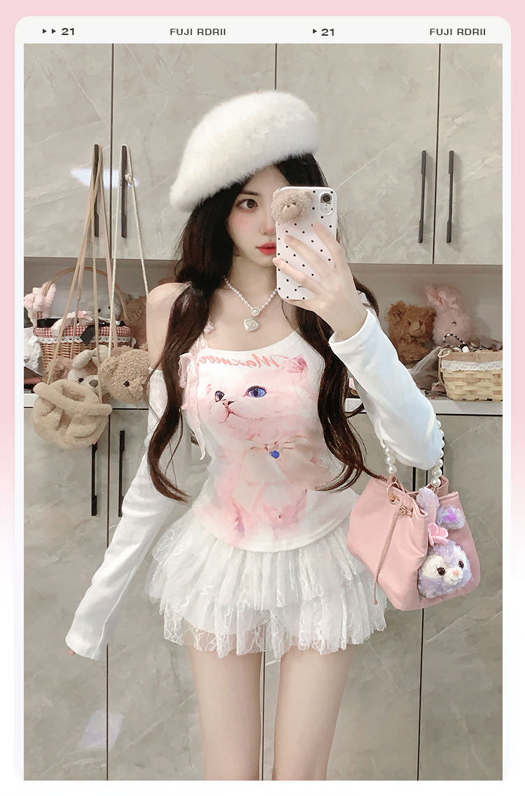 เสื้อครอป แขนยาว ปาดไหล่ หน้าแมว CN2733