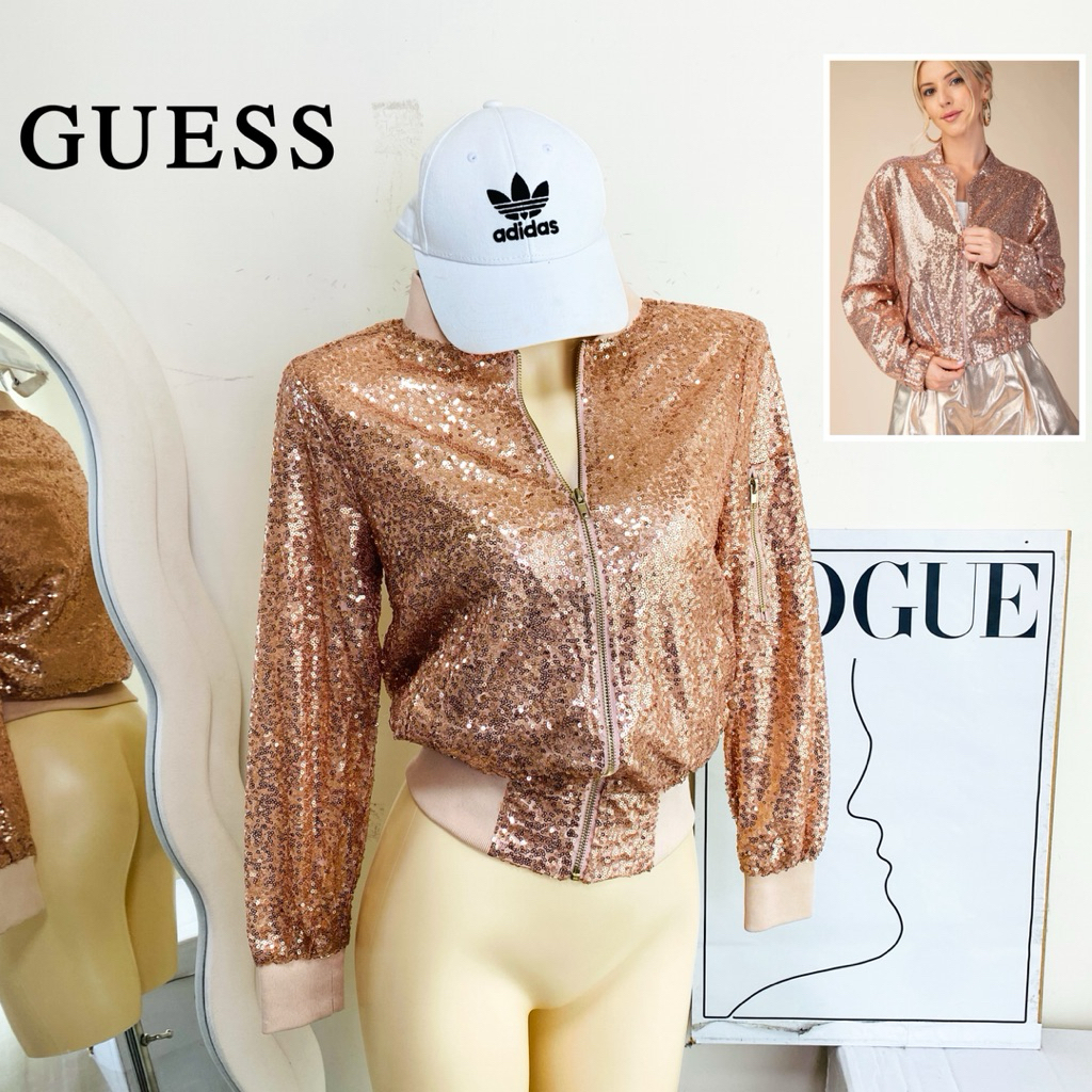 ไซด์ M แบรนด์ GUESS แท้ 100%🌸แจ็คเก็ต ทรงครอป Jackets เสื้อคาร์ดิแกน งานเกล็ดวิบวับ สีโรสโกล ใส่ออกงาน ชุดปาร์ตี้