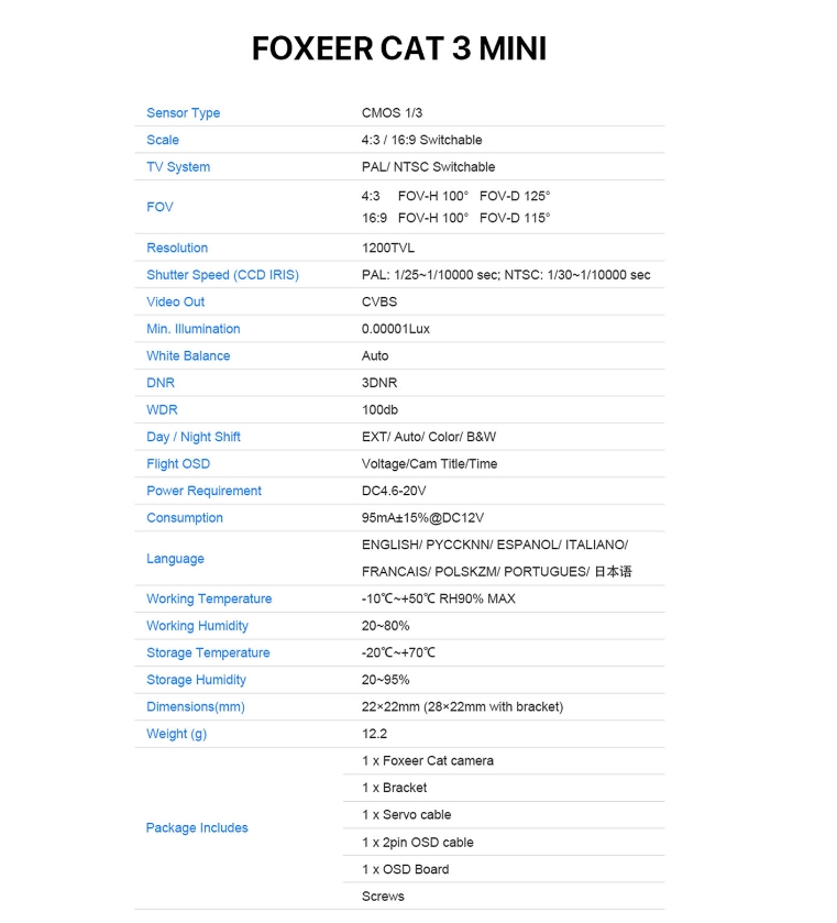 Foxeer Cat 3 Camera Mini Micro 1200TVL 0.00001lux FPV กล้อง รองรับ OSD บินกลางคืนชัดๆ กล้องโดรน