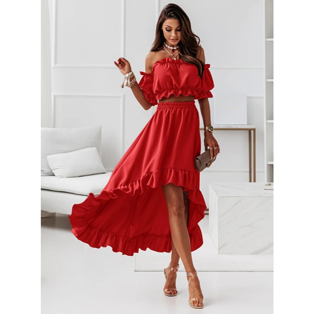 ชุดเซท เสื้อเกาะอก+กระโปรง พริ้วๆ ชุดเที่ยวทะล