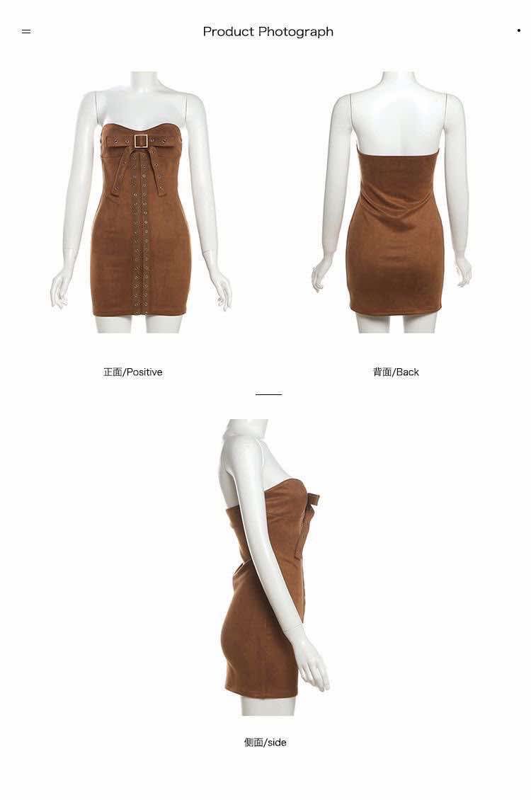 เดรสเกาะอก น้ำตาล โบว์หน้า รหัส CN50556 พร้อมส่ง