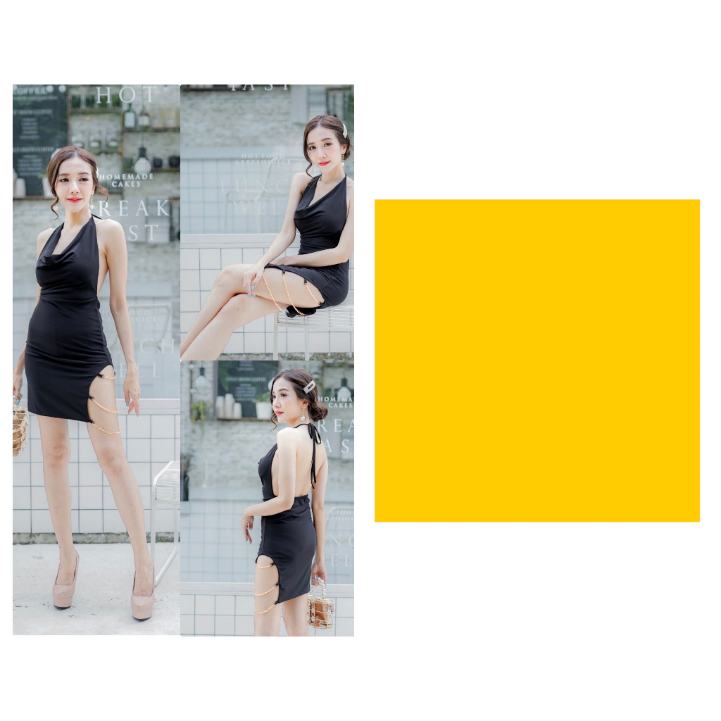 เดรส เหลือง ขาโซ่ ผูกคอ D477