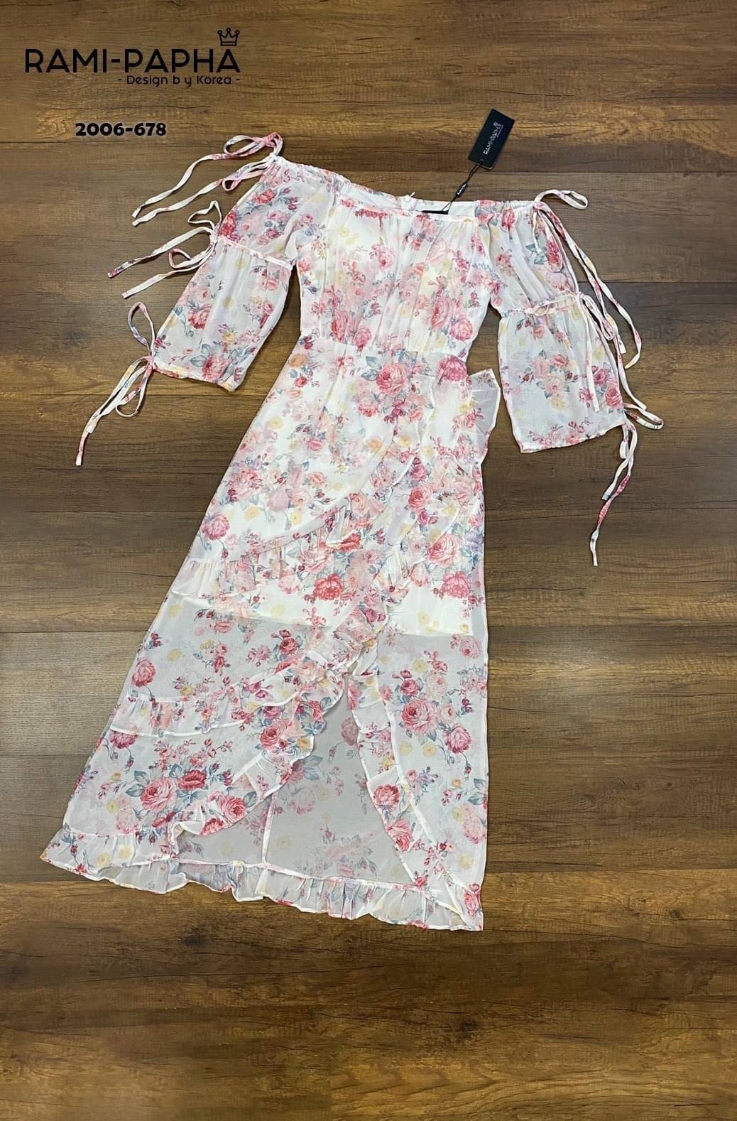 🧧 S 🧧 RAMI-PAPHA เดรสปาดไหล่ตัวยาวลวดลายดอกน่ารักๆ