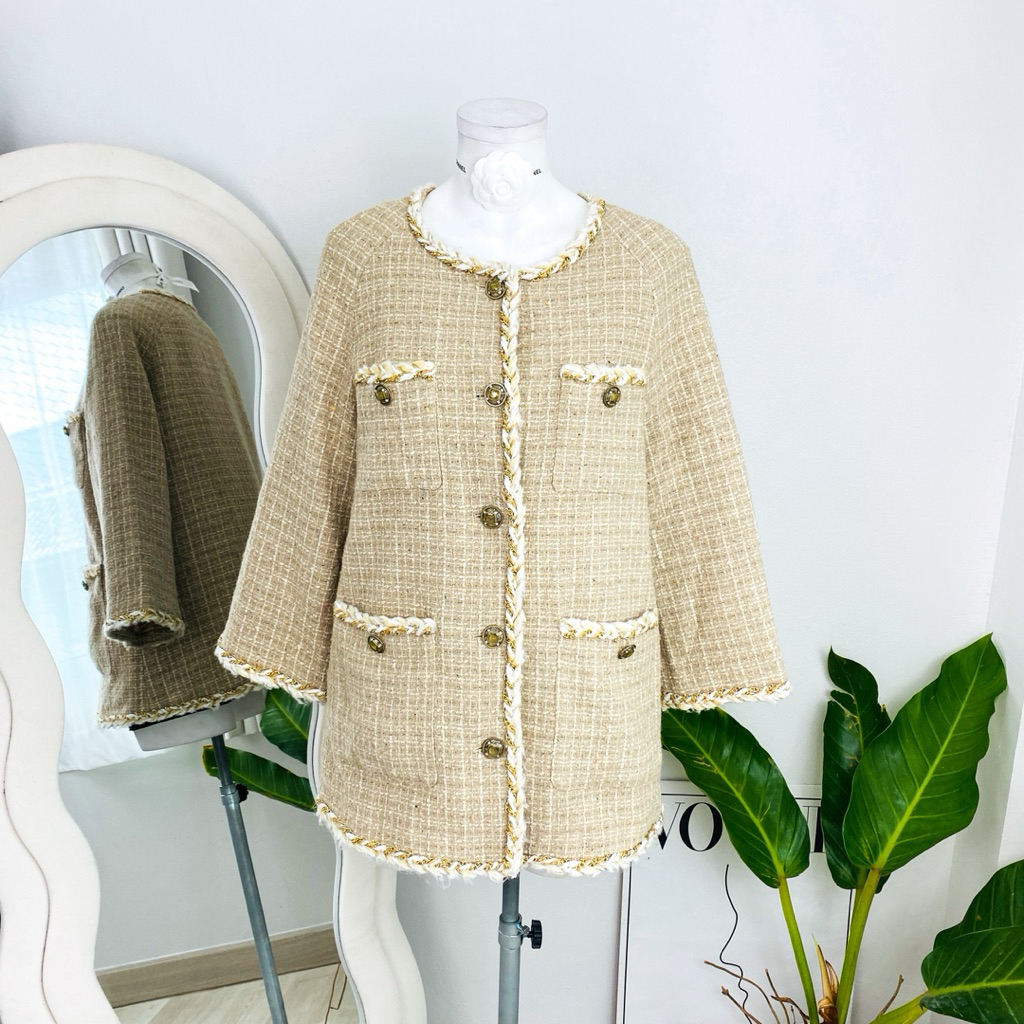 ไซด์ XL แบรนด์ KiNG แท้ 100%🌸เสื้อแขนยาวผ้าทวิต Luxury ผ้าทวิต Tweed งานวิบวับ สีน้ำตาล ใส่ออกงาน ชุดปาร์ตี้