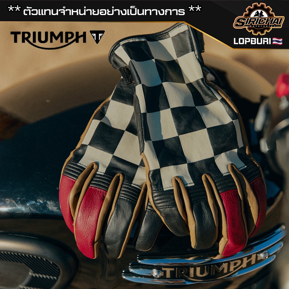 ถุงมือมอเตอร์ไซค์ ถุงมือ Triumph Checkerboard Leather Gloves Black Red Bone Gold