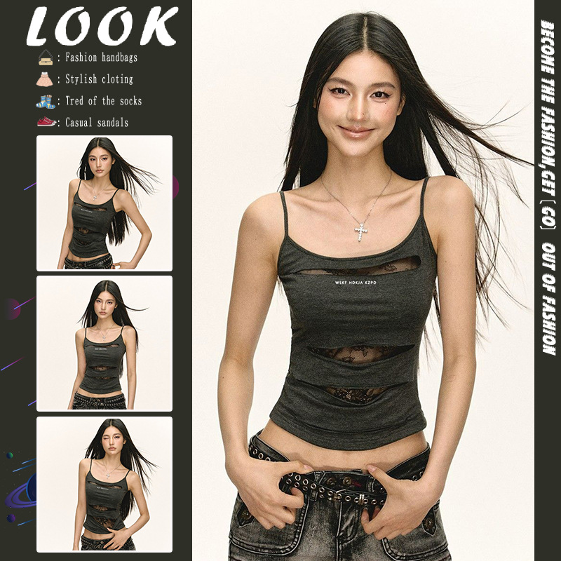 เสื้้อสายเดี่ยว แต่งขาดลูกไม้ CN527 พร้อมส่งในไทย