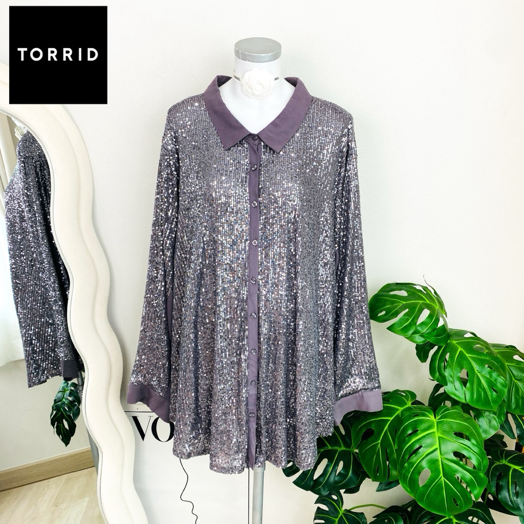 ไซด์ 3XL แบรนด์ Torrid แท้ 100%🌸 เสื้อเชิ้ต เสื้อคลุม งานเกล็ดวิบวับ สีเทา ใส่ออกงาน ปาร์ตี้ ชุดออกงาน ชุดปาร์ตี้