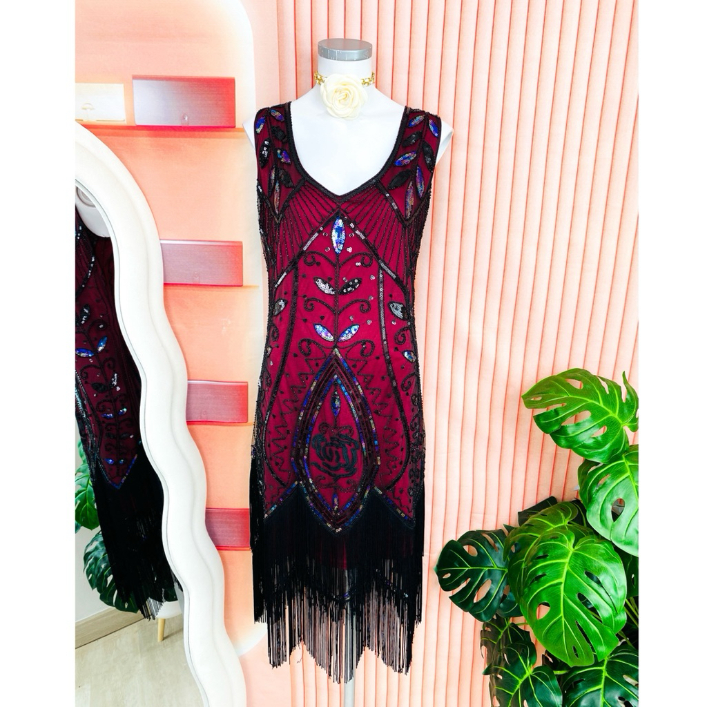 ไซด์ XXL แบรนด์ meet แท้ 100%🌸แกสบี้ แต่งตุ้งติ้ง2ชั้น เดรส Gatsby งานเกล็ดวิบวับ สีดำ/ดำ ชุดราตรีแกสบี้ ชุดปาร์ตี้