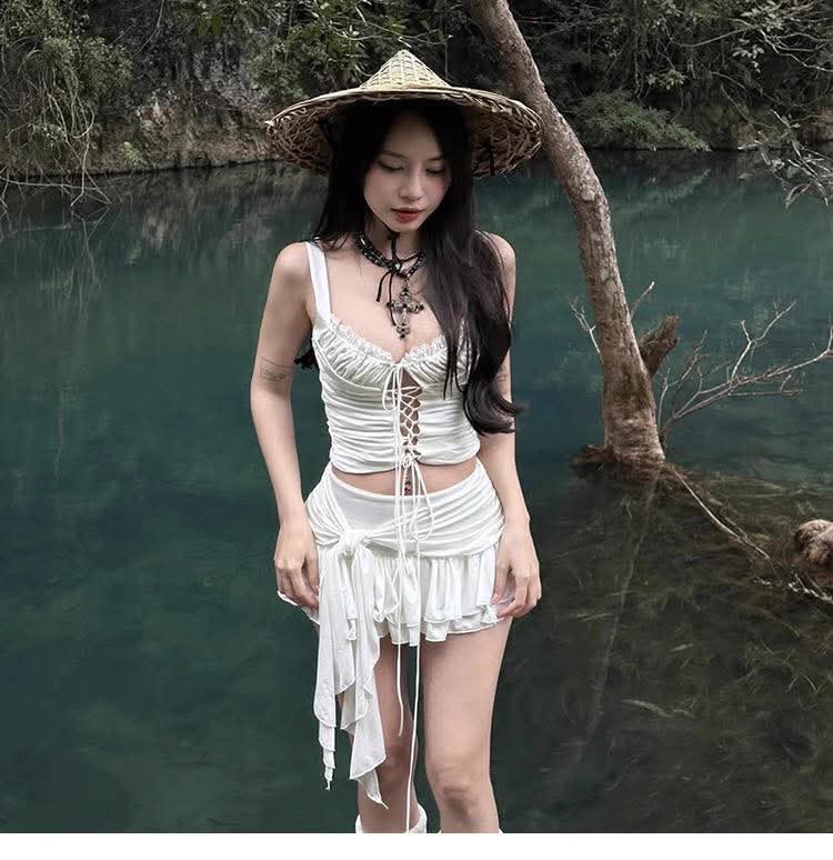 ชุดเซท เสื้อ+กระโปรง สีขาว สไตล์ฤดูร้อน รหัส Set65207 พร้อมส่ง