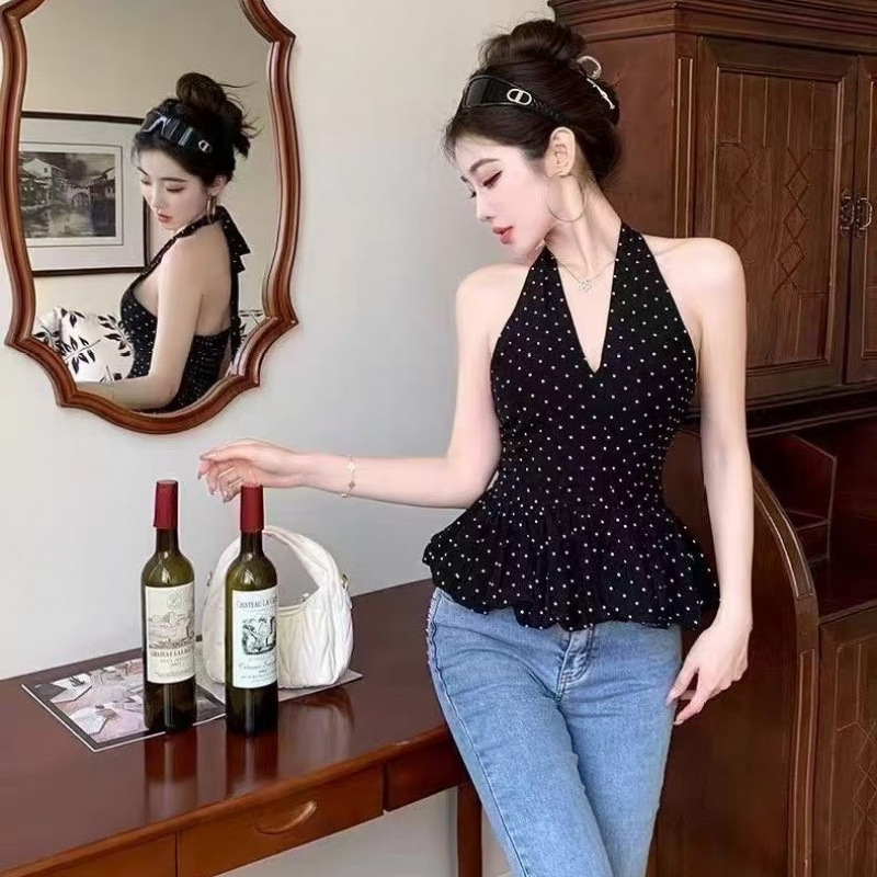 ส่งด่วนในไทย เสื้้อสายเดี่ยว บอลลูน ลายจุด สไตล์เกาหลี พร้อมส่ง CN7562