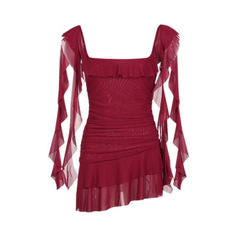 เดรสแดง คอเหลี่ยม สม็อคข้าง เซ็กซี่ CN2651