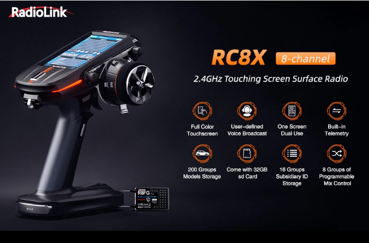 Radiolink RC8X 2.4GHz 8CH 4.3-Inch Full Colour Touch Screen LCD Radio Transmitter International Version With R8GF/R4FGM Receiver รีโมทตัวท๊อป หน้าจอสี ทัชสกรีน รองรับฟังชั่นมากมาย