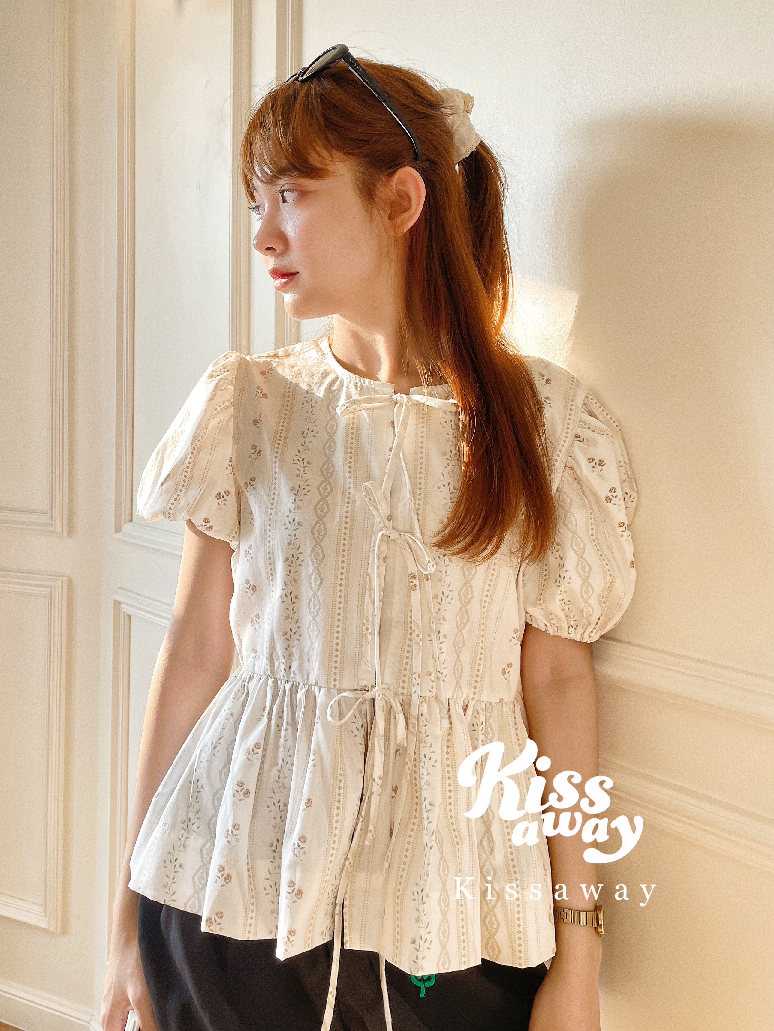 Wendé เสื้อผ้าฝ้ายทรงพอง ผูกโบว์หน้า ลายทาง สีหวานมากแม่! ใส่แล้วรอดทุกงาน เข้ากับทุกสไตล์(SKU.140)