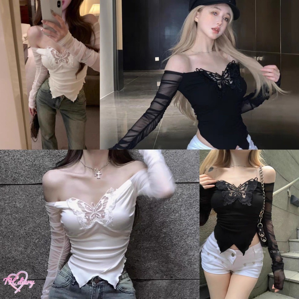 (จัดส่งจากกรุงเทพฯ) เสื้อครอปแขนยาว ผีเสื้อหน้าอก เสื้อเข้ารูป CN2425