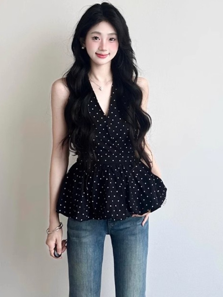 ส่งด่วนในไทย เสื้้อสายเดี่ยว บอลลูน ลายจุด สไตล์เกาหลี พร้อมส่ง CN7562