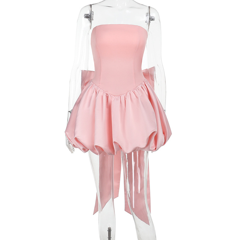 ชุดเดรส คุณหนู เกาะอก โบว์ใหญ๋ พร้อมส่งในไทย