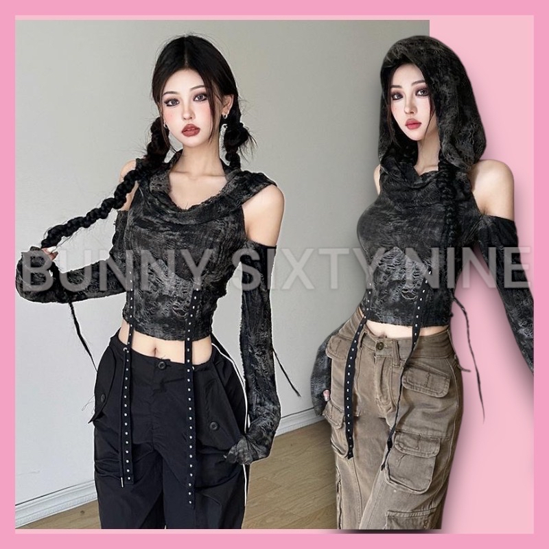 เสื้อสตรีท แขนยาว โชว์ไหล่ มีฮู้ดหลัง สีดำ CN208
