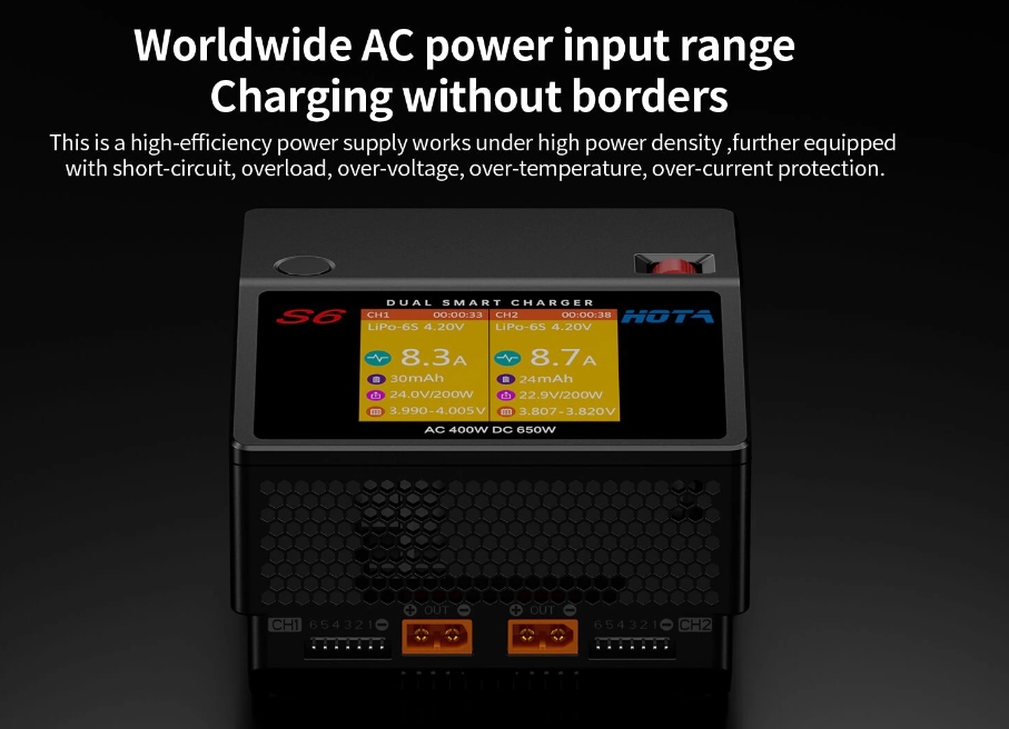 HOTA S6 AC/DC Dual Charger 400/650W 1-6S ชาทแบตได้หลายชนิด ชาจเสียบไฟบ้านได้เลย 0.1-15A ชาทพร้อมกนัได้ 2ก้อน