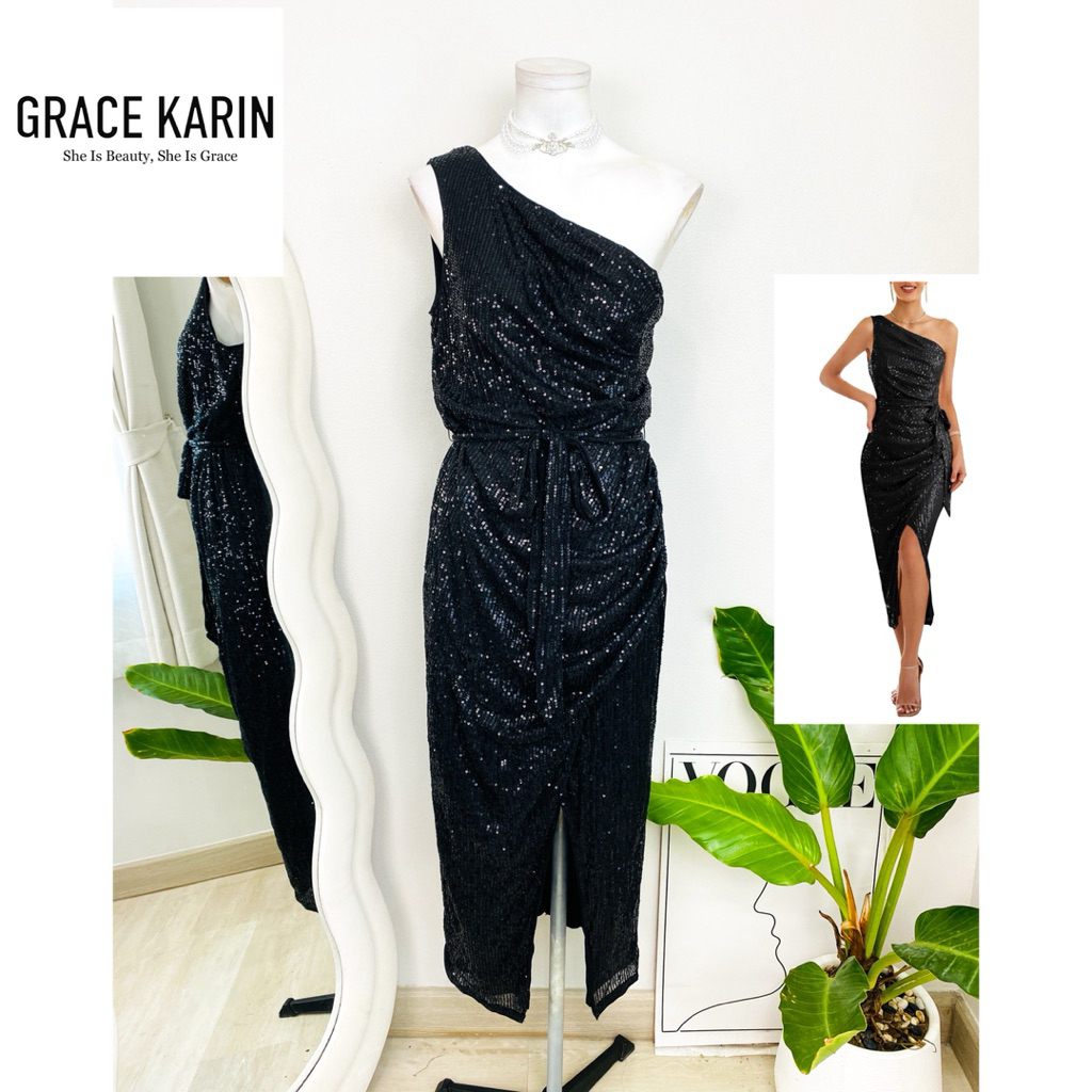 ไซด์ L แบรนด์ Grace Karin แท้100% 🌸Maxi dress เดรสยาว ผูกโบว์เอว ผ่าหน้า งานเกล็ดวิบวับ สีดำ เดรสออกงาน ชุดปาร์ตี้
