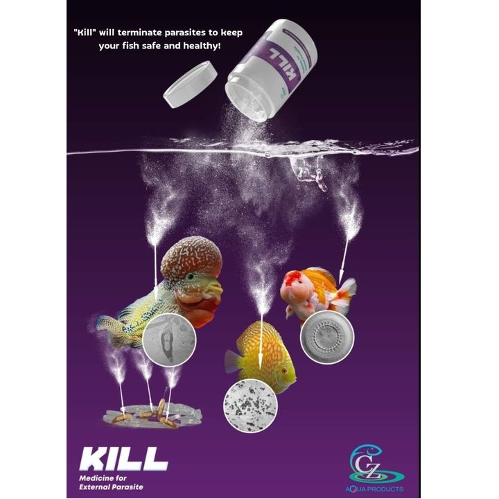 KILL Medicine For External Parasite 50g.(ฆ่าเชื้อโรค อาหารสด อุปกรณ์ กำจัดปรสิต จุดขาว ภายนอกตัวปลา ผลิตโดยสัตวแพทย์)