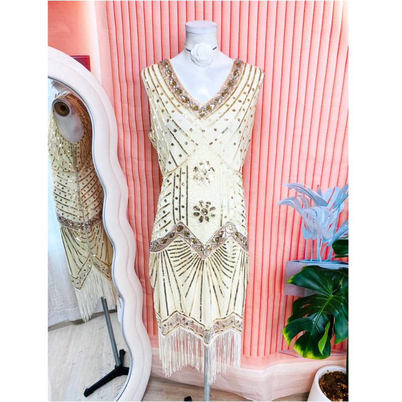 ไซด์ XXL แบรนด์ Babyyond แท้ 100%🌸 แกสบี้ เดรส gatsby งานเกล็ดวิบวับ สีครีม ใส่ออกงาน ทรงเข้ารูป เดรสออกงาน ชุดปาร์ตี้