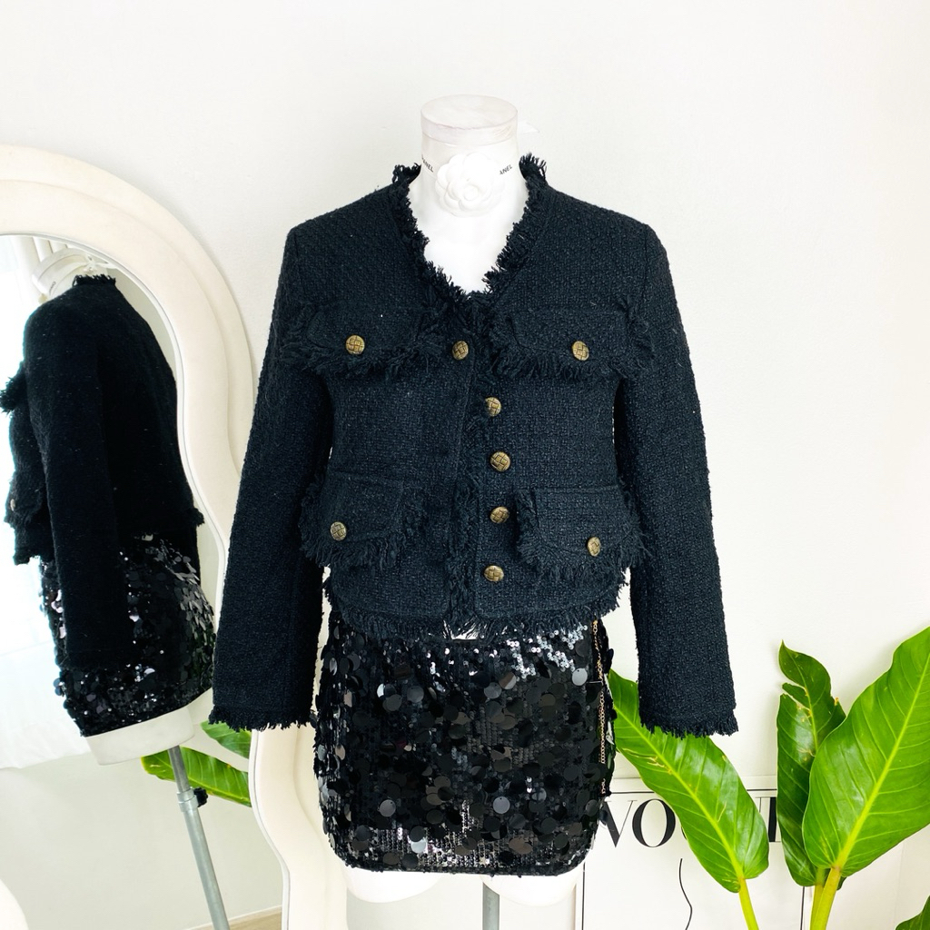 ไซด์ M แบรนด์ Seendo แท้ 100%🌸เสื้อแขนยาวผ้าทวิต กระดุมหน้า ผ้าทวิต Tweed งานวิบวับ สีดำสนิท ใส่ออกงาน ชุดปาร์ตี้