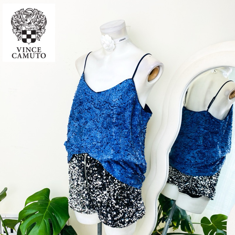 ไซด์ M แบรนด์ Vince camuto แท้ 100%🌸เสื้อ สายเดี่ยว ทรงครอป งานเกล็ดวิบวับ สีฟ้าเข้ม ใส่ออกงาน ชุดปาร์ตี้ วันเกิด