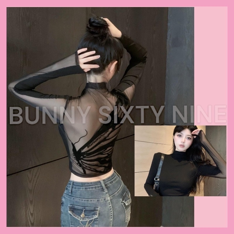 เสื้อครอปแขนยาว ซีทรู เสื้อโชว์หลัง สีดำ CN211