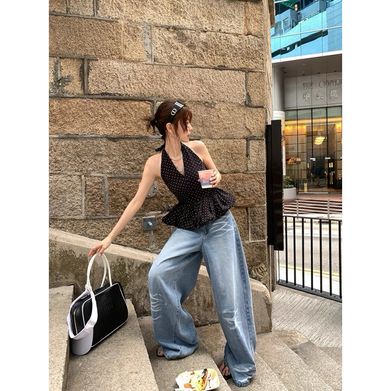 ส่งด่วนในไทย เสื้้อสายเดี่ยว บอลลูน ลายจุด สไตล์เกาหลี พร้อมส่ง CN7562