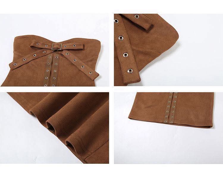 เดรสเกาะอก น้ำตาล โบว์หน้า รหัส CN50556 พร้อมส่ง