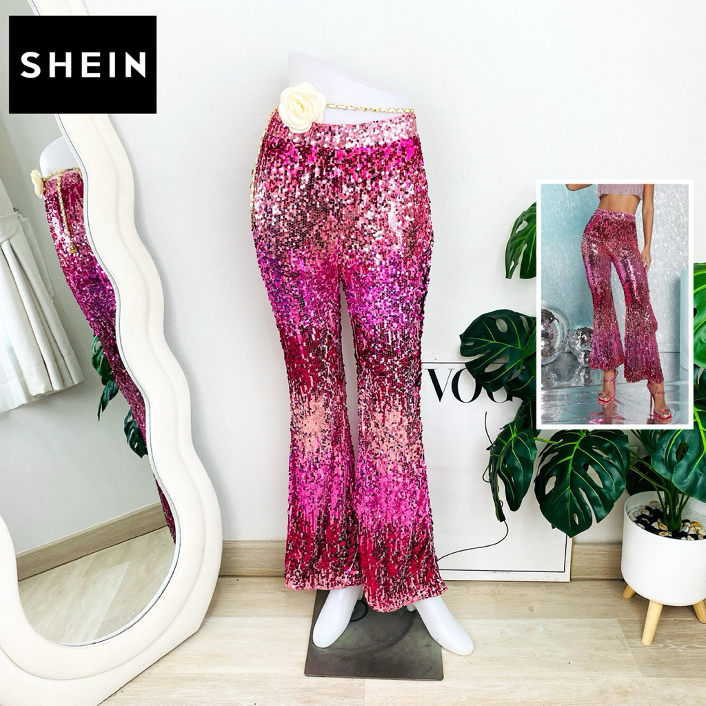 ไซด์ M แบรนด์ SHEIN แท้ 100%🌸กางเกง ไล่เฉดสี เอวสูง งานเกล็ดวิบวับ สีชมพู ใส่ออกงาน ชุดออกงาน ชุดปาร์ตี้