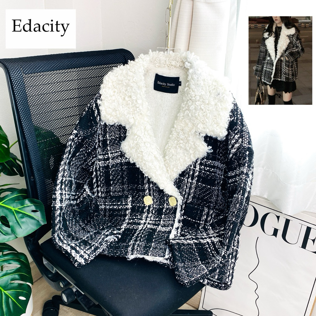 ไซด์ L-XL แบรนด์ Edacity แท้ 100%🌸เสื้อแขนยาวผ้าทวิต แต่งขนเฟอร์ ลายสก็อต ผ้าทวิต Tweed งานวิบวับ สีดำ ชุดปาร์ตี้