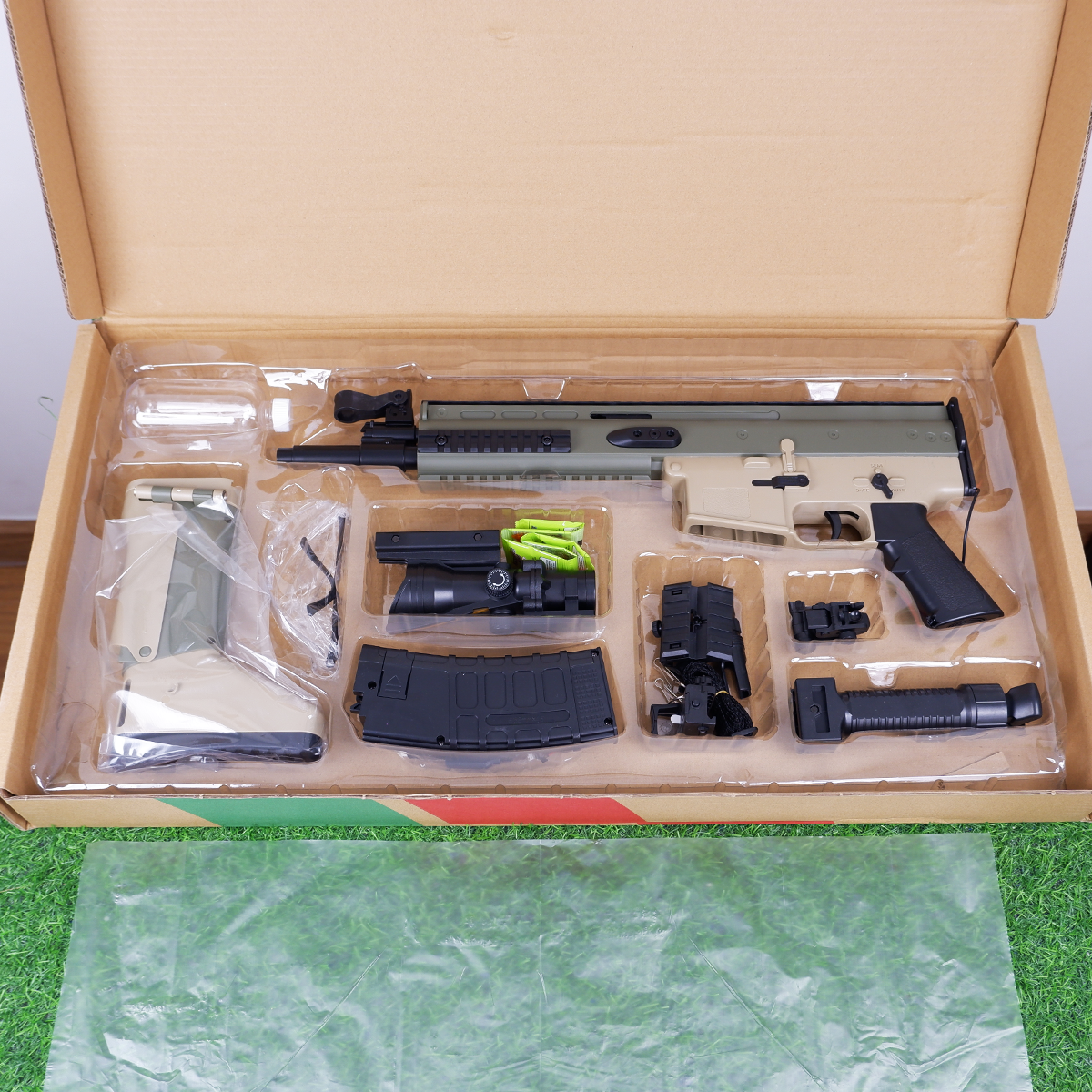 (30)SCAR สีทราย ตัวท็อป 220FPS ปืนเจลไฟฟ้า ของเล่นยิงรัวได้ Semi Auto ได้