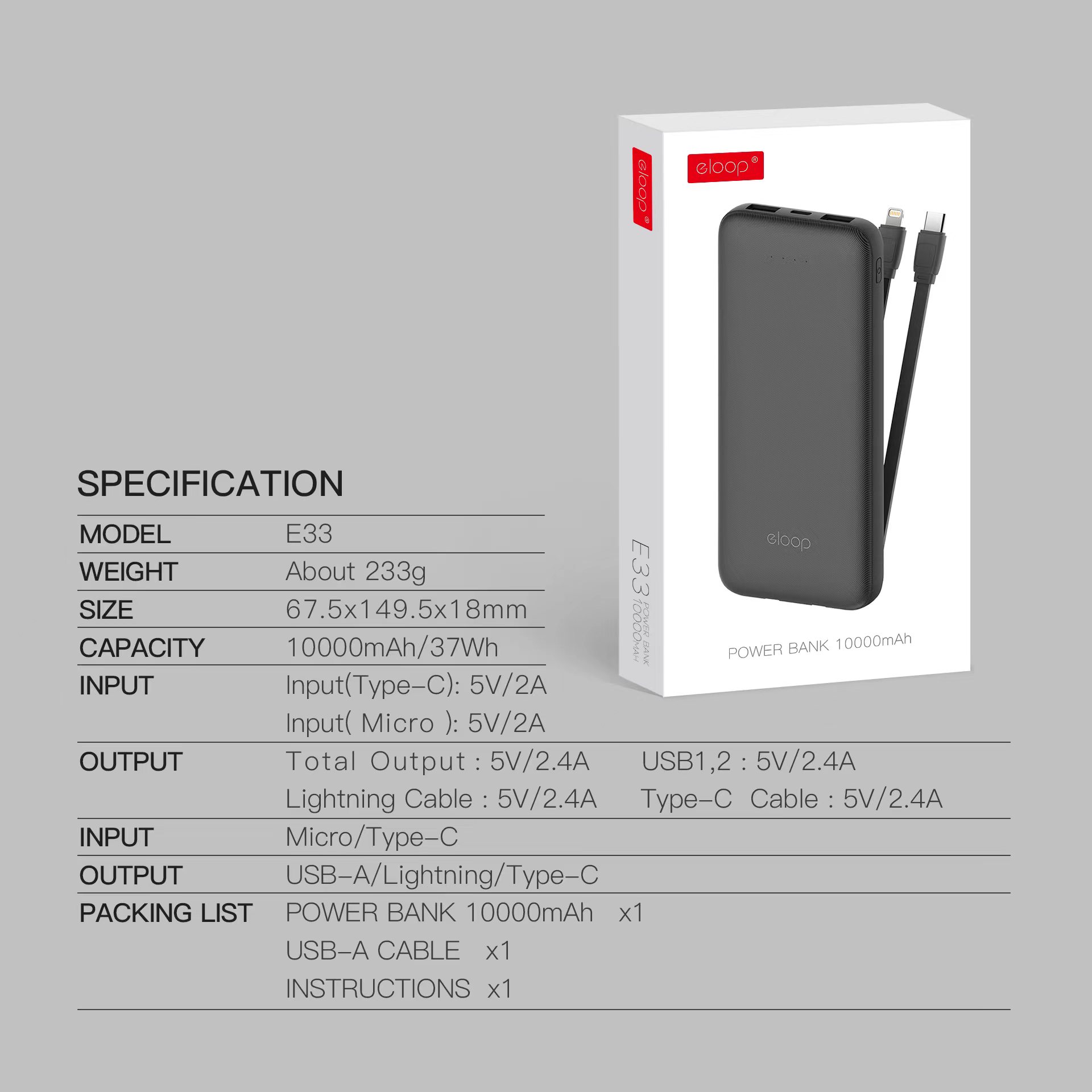 ORSEN E33 Line 10000mAh (มีสายTC/IP)