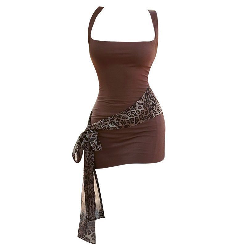 เดรสเข้ารูป น้ำตาล คาวบอย สายผูกเอว CN2938 พร้อมส่งในไทย