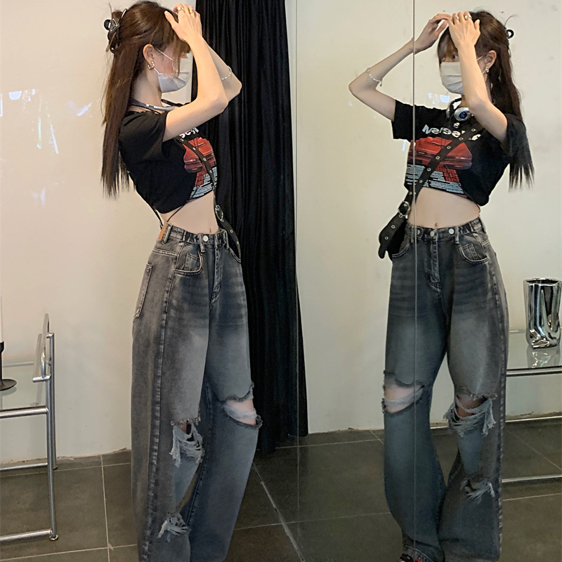 กางเกงขายาว ยีนส์ แต่งขาด ปรับเอวได้ รหัส Y002