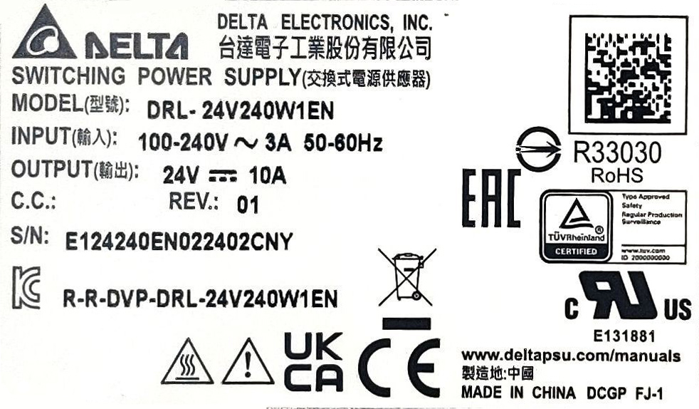 DRL-24V240W1EN Output 24V/10A (240W) Delta Power Supply