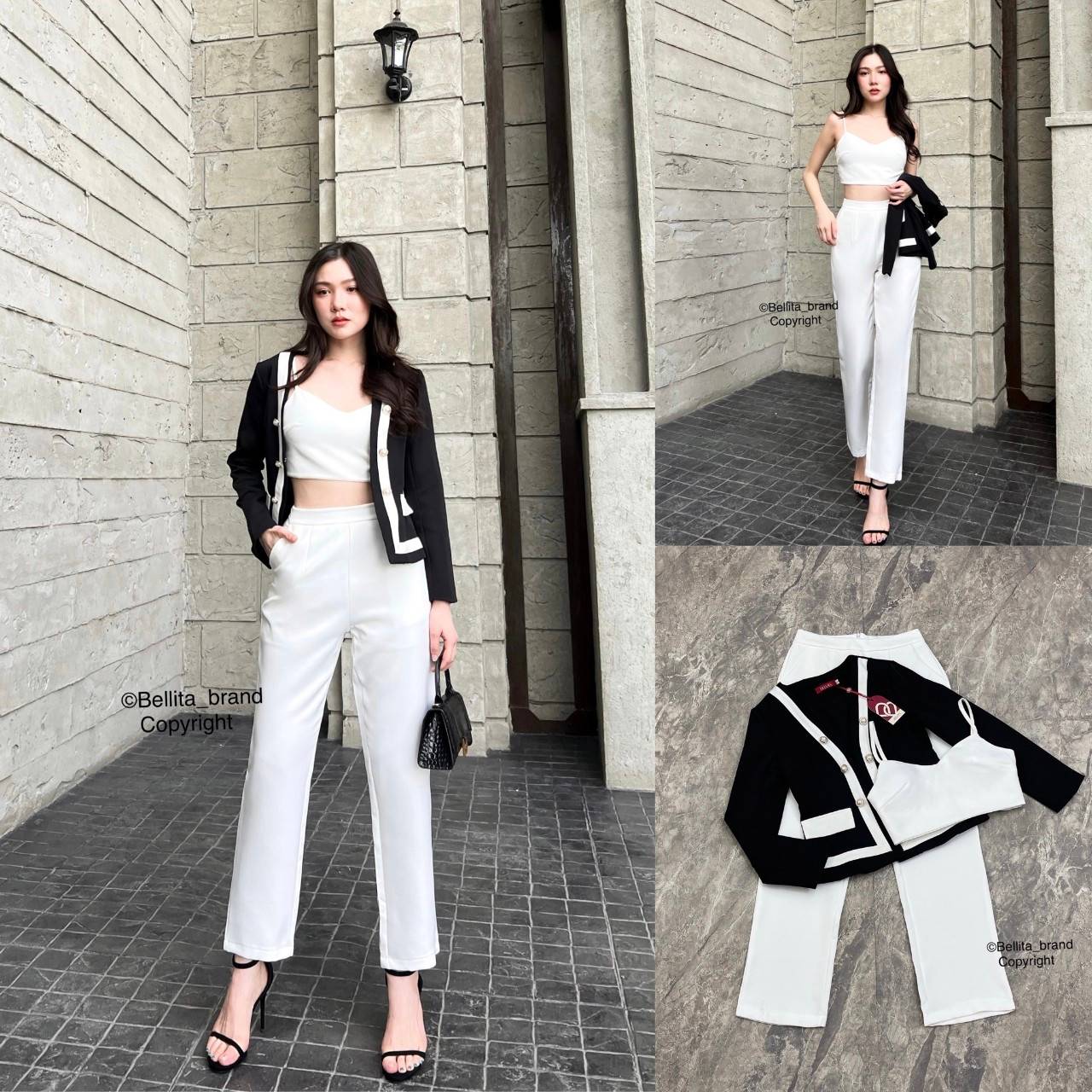 🍒 S 🍒 ป้าย Bellita เซ็ทเสื้อครอปสายเดี่ยว+ เสื้อคลุมสูท +กางเกงขายาว